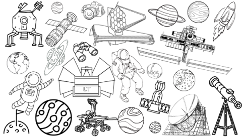 A page covered with line drawings of different space-themed items, like telescopes, astronauts and planets