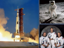 The left-hand side of the image shows the rocket carrying Apollo 11 launching to space, in the top-right is a photo of astronaut Buzz Aldrin standing on the Moon; in the bottom-right is a photo of the 3 crew members of Apollo 11 in their astronaut suits without their helmets sitting in front of a large picture of the Moon.