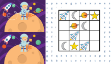 A spot-the-difference puzzle and a sudoku puzzle. There are letters from a wordsearch in the background.