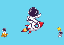 A cartoon astronaut riding on the back of a space rocket.