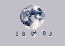 A cartoon Moon above a row of smaller Moons that show the different phases of the Moon