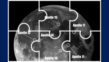 The top two thirds of the full Moon. Labels show where the 6 Apollo Missions landed. The Picture is divided up into 6 jigsaw pieces.