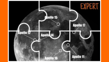 The top two thirds of the full Moon. Labels show where the 6 Apollo Missions landed. The Picture is divided up into 6 jigsaw pieces.