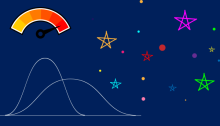 Graphics of stars of different colours and a graph on a blue background