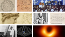 A collage of images of significant figures and discoveries from the history of astronomy