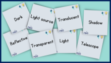 A picture containing 8 vocabulary cards from the topic of light