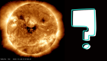 An image of the Sun closer up. There are 3 large dark patches on it that look like a smiling face. There is a large question mark to the right of the Sun.