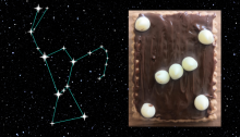 A picture of the constellation Orion on the left. A picture of a biscuit that has been decorated using chocolate spread and chocolate chips to show the shape of Orion. There is a dark starry background.