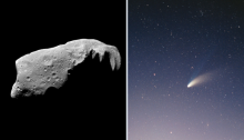 The image shows an asteroid in space on the left, and a comet viewed from Earth on the right.