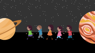 A picture of the planet Saturn on one side of the image, and Jupiter on the other. In between are several children walking between the 2 planets.